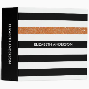 Modern Black Stripes FAUX Orange Glitz and Name Binder