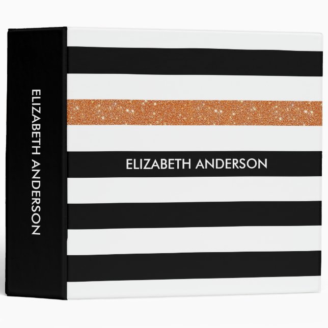 Modern Black Stripes FAUX Orange Glitz and Name Binder (Front/Spine)
