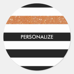 Modern Black Stripes FAUX Orange Glitz and Name Classic Round Sticker