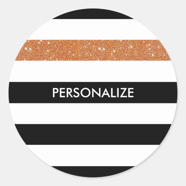 Modern Black Stripes FAUX Orange Glitz and Name Classic Round Sticker (Front)