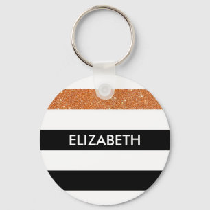 Modern Black Stripes FAUX Orange Glitz and Name Keychain