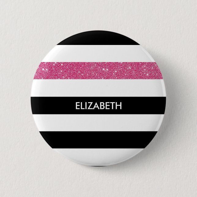 Modern Black Stripes FAUX Pink Glitz and Name 2 Inch Round Button (Front)