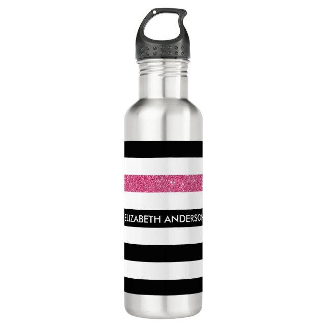 Modern Black Stripes FAUX Pink Glitz and Name 710 Ml Water Bottle (Front)
