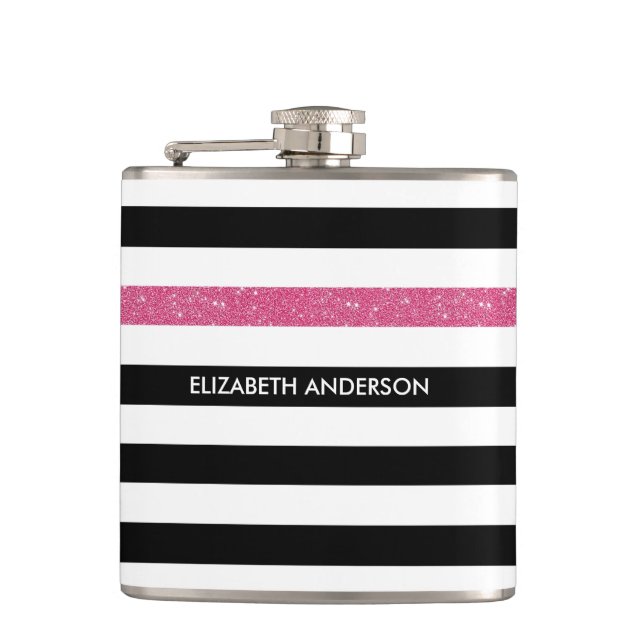 Modern Black Stripes FAUX Pink Glitz and Name Hip Flask (Front)