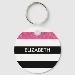 Modern Black Stripes FAUX Pink Glitz and Name Keychain