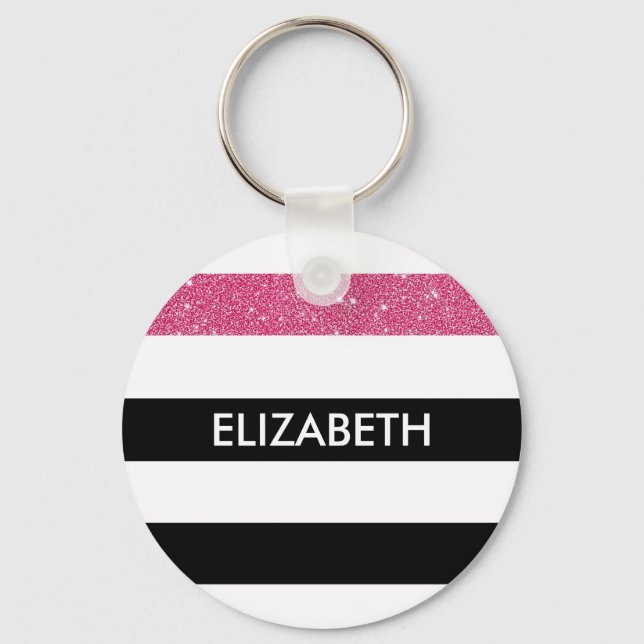 Modern Black Stripes FAUX Pink Glitz and Name Keychain (Front)
