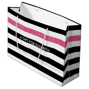 Modern Black Stripes FAUX Pink Glitz and Name Large Gift Bag