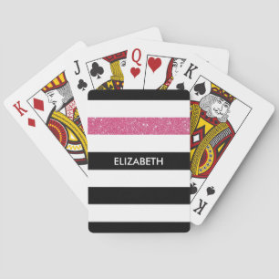 Modern Black Stripes FAUX Pink Glitz and Name Playing Cards