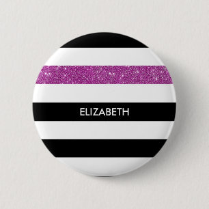 Modern Black Stripes FAUX Purple Glitz and Name 2 Inch Round Button