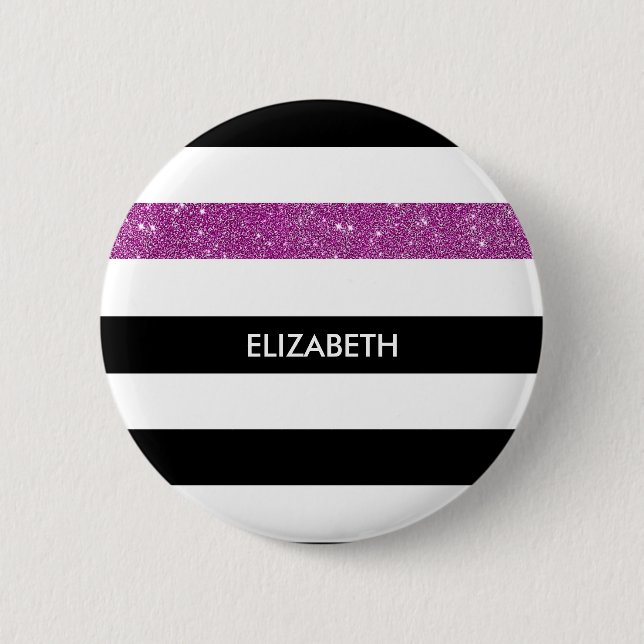 Modern Black Stripes FAUX Purple Glitz and Name 2 Inch Round Button (Front)