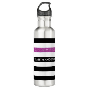 Modern Black Stripes FAUX Purple Glitz and Name 710 Ml Water Bottle