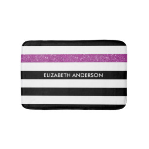 Modern Black Stripes FAUX Purple Glitz and Name Bath Mat