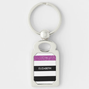 Modern Black Stripes FAUX Purple Glitz and Name Keychain