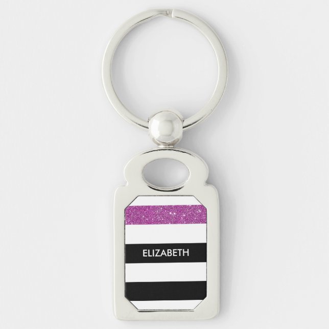 Modern Black Stripes FAUX Purple Glitz and Name Keychain (Front)