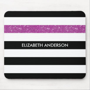 Modern Black Stripes FAUX Purple Glitz and Name Mouse Pad