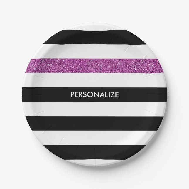 Modern Black Stripes FAUX Purple Glitz and Name Paper Plate (Front)