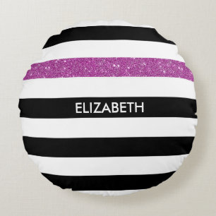 Modern Black Stripes FAUX Purple Glitz and Name Round Pillow