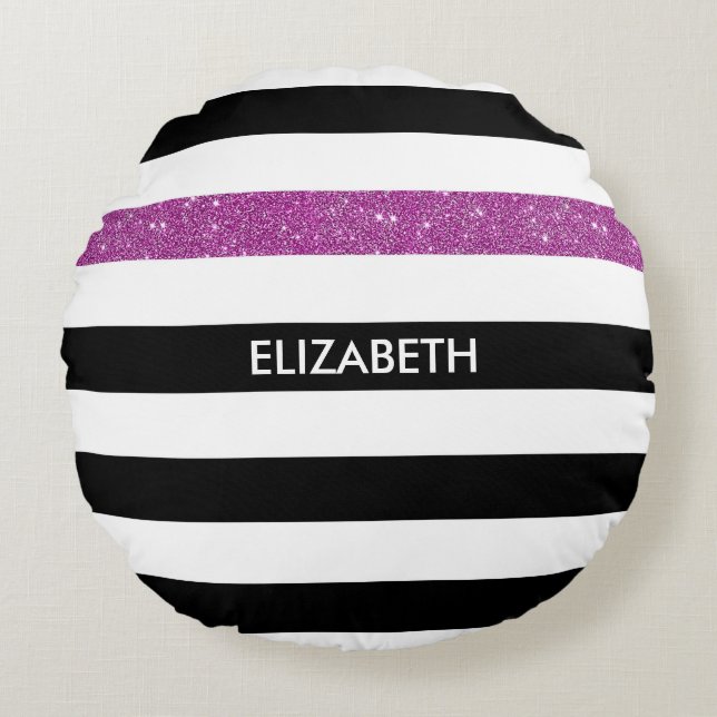 Modern Black Stripes FAUX Purple Glitz and Name Round Pillow (Front)
