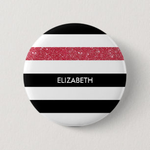 Modern Black Stripes FAUX Red Glitz and Name 2 Inch Round Button