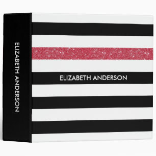 Modern Black Stripes FAUX Red Glitz and Name Binder