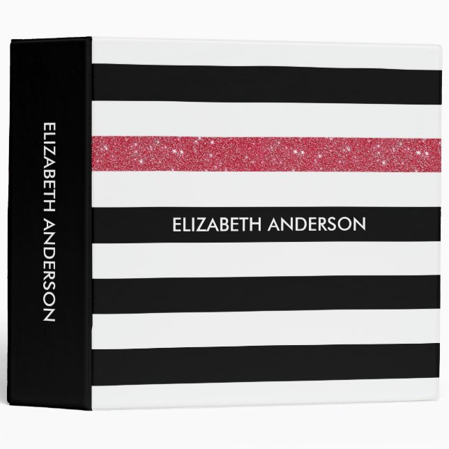 Modern Black Stripes FAUX Red Glitz and Name Binder (Front/Spine)