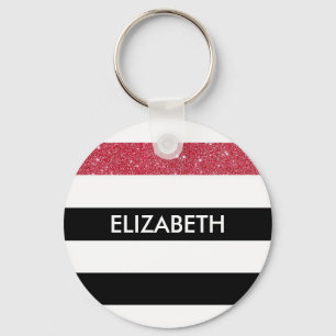 Modern Black Stripes FAUX Red Glitz and Name Keychain