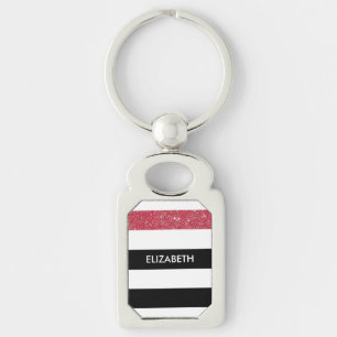 Modern Black Stripes FAUX Red Glitz and Name Keychain