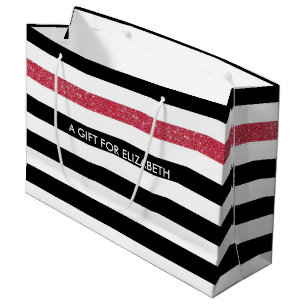 Modern Black Stripes FAUX Red Glitz and Name Large Gift Bag