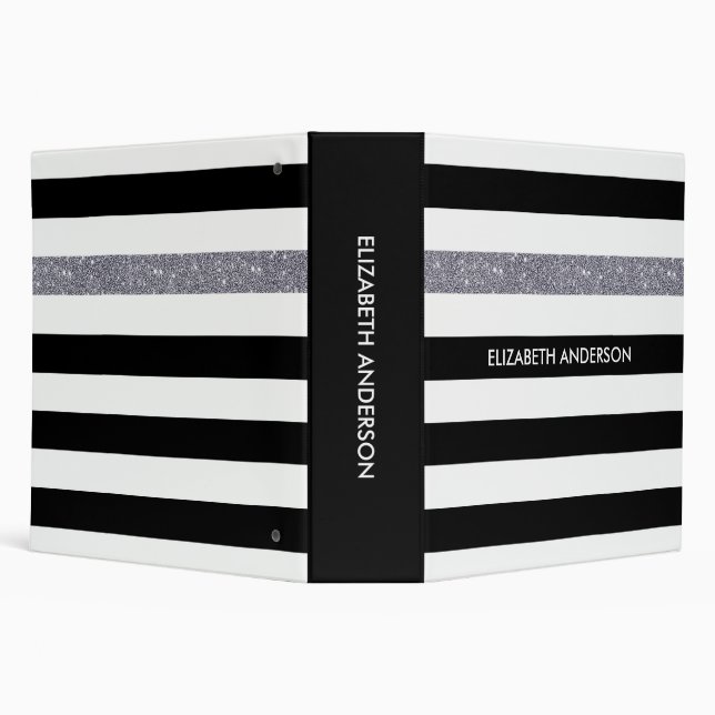 Modern Black Stripes FAUX Silver Glitz and Name Binder (Background)