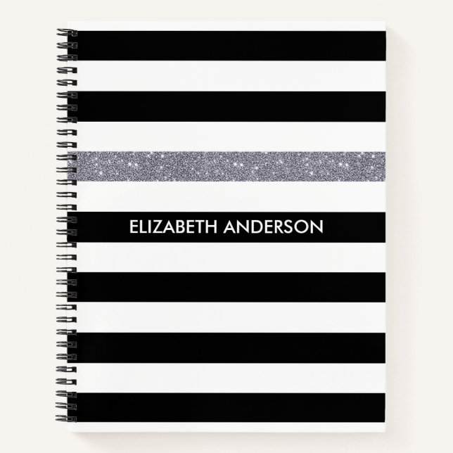 Modern Black Stripes FAUX Silver Glitz and Name Notebook (Front)