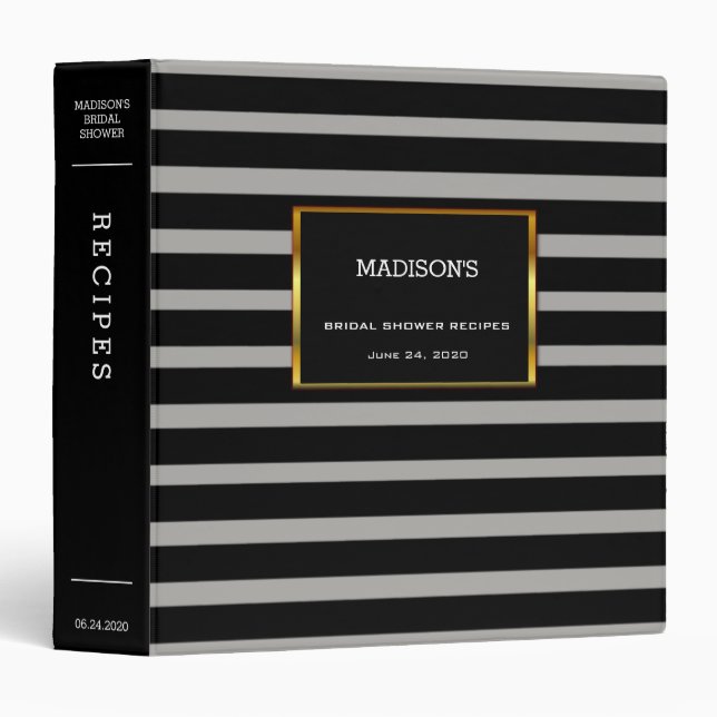 Modern Black stripes grey Bridal Shower Recipe Binder (Front/Spine)