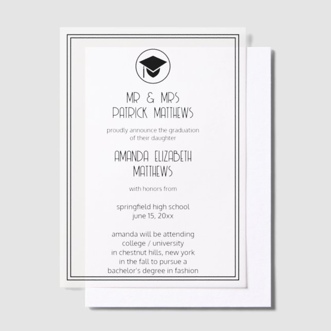 Modern Black Stylized Font Simple Graduation Vellum Invitations (Offset)