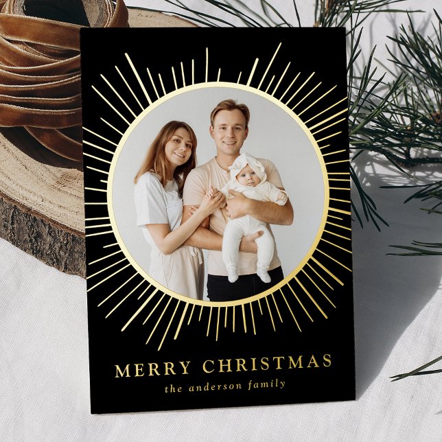 Modern Black Sunburst Merry Christmas 2 Photo Foil Holiday Card (Creator Uploaded)