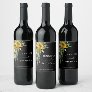 Modern Black Sunflower Black Wedding Wine Label
