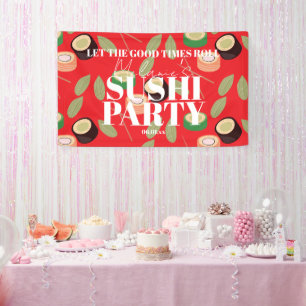 Modern Black Sushi Party Rolls Birthday Red Banner