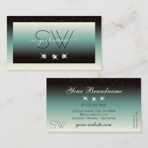Modern Black Teal Gradient Sparkle Jewels Monogram Business Card
