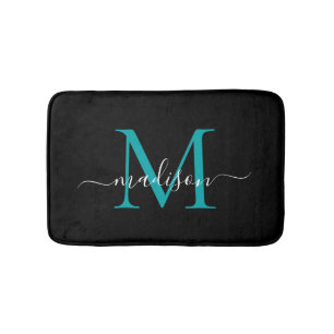 Modern Black Teal Green Monogram Script Elegant Bath Mat