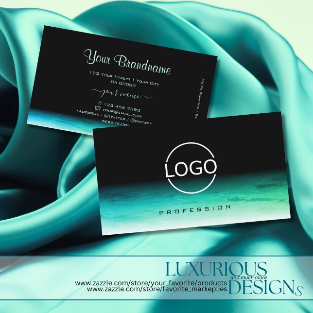 Modern Black Teal Green Ombre Pattern with Logo Business Card (Creator Uploaded)