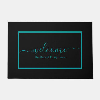 Modern black teal script family name welcome doormat