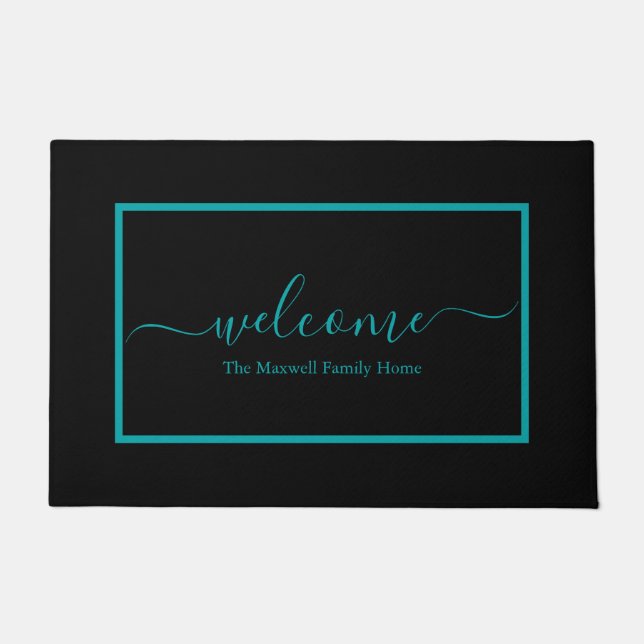 Modern black teal script family name welcome  doormat (Front)