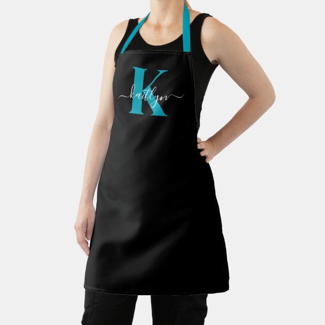 Modern Black Teal Script Monogram Apron (Insitu)
