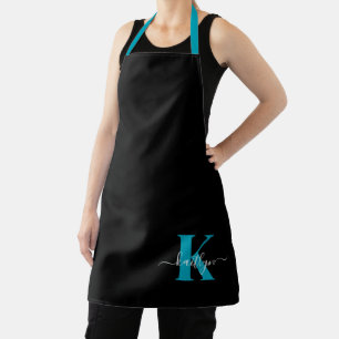 Modern Black Teal Script Monogram Apron