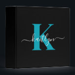 Modern Black Teal Script Monogram Binder<br><div class="desc">This simple, elegant black 2" capacity 3 ring binder with your first name in a trendy script font in white typed over your first initial in a modern cap font in teal is perfect for keeping your recipes, photos, papers neat and tidy. It's stylish and trendy and yet very classic....</div>