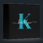 Modern Black Teal Script Monogram Binder<br><div class="desc">This simple, elegant black 2" capacity 3 ring binder with your first name in a trendy script font in white typed over your first initial in a modern cap font in teal is perfect for keeping your recipes, photos, papers neat and tidy. It's stylish and trendy and yet very classic....</div>
