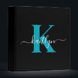 Modern Black Teal Script Monogram Binder<br><div class="desc">This simple, elegant black 1" capacity 3 ring binder with your first name in a trendy script font in white typed over your first initial in a modern cap font in teal is perfect for keeping your recipes, photos, papers neat and tidy. It's stylish and trendy and yet very classic....</div>