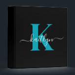 Modern Black Teal Script Monogram Binder<br><div class="desc">This simple, elegant black 1" capacity 3 ring binder with your first name in a trendy script font in white typed over your first initial in a modern cap font in teal is perfect for keeping your recipes, photos, papers neat and tidy. It's stylish and trendy and yet very classic....</div>