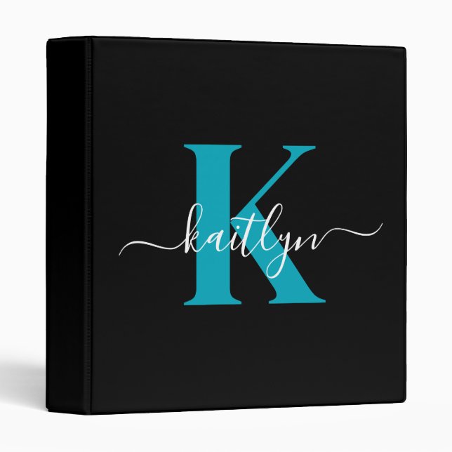 Modern Black Teal Script Monogram Binder (Front/Spine)