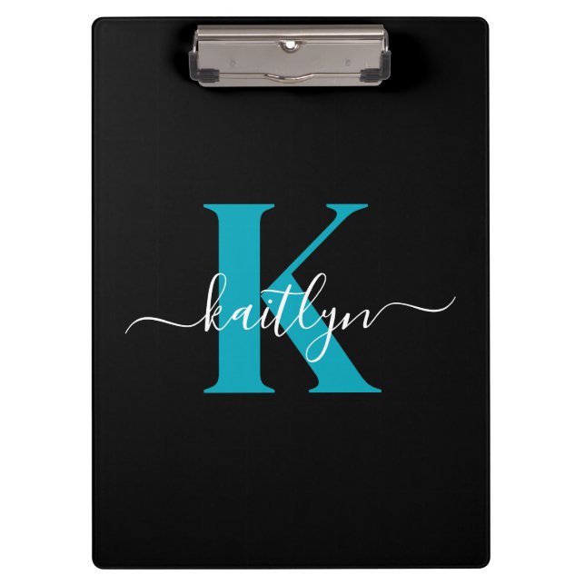 Modern Black Teal Script Monogram Clipboard (Front)