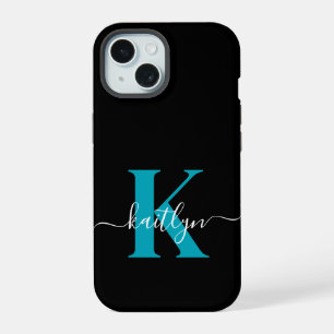 Modern Black Teal Script Monogram iPhone 15 Case