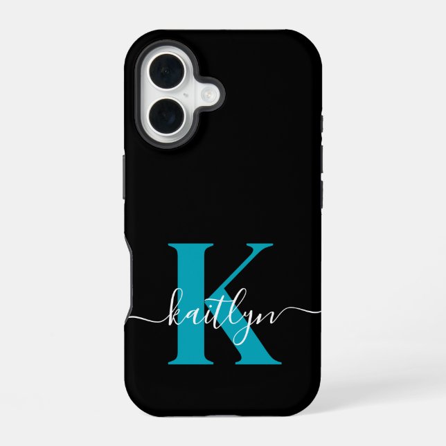 Modern Black Teal Script Monogram iPhone 16 Case (Back)